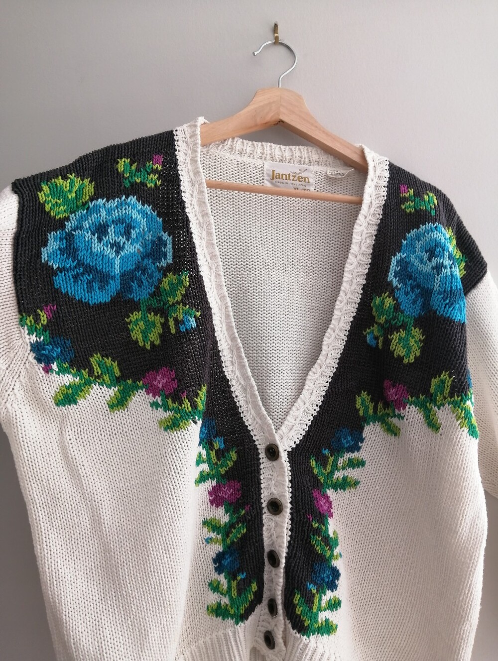Vintage 90s Jantzen Rose Floral Knit Button Cardigan Cream Colourblock XL - Picture 7 of 17